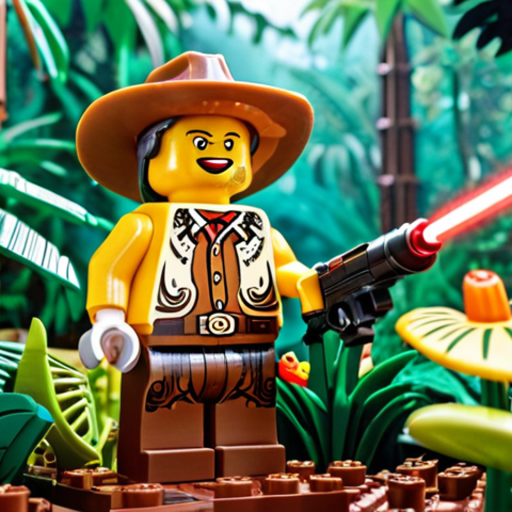**A LEGO minifigure standing proudly wearing a custom-designed cowboy hat, holding a shiny new laser gun, with a lush tropical rainforest background made of LEGO plants and flowers.** (Focus on minifigure customization and a vibrant scene)