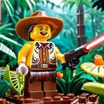 **A LEGO minifigure standing proudly wearing a custom-designed cowboy hat, holding a shiny new laser gun, with a lush tropical rainforest background made of LEGO plants and flowers.** (Focus on minifigure customization and a vibrant scene)