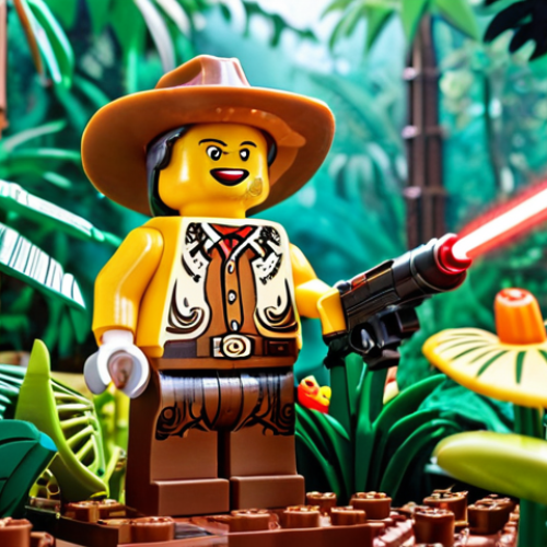 Home 19 **A LEGO minifigure standing proudly wearing a custom-designed cowboy hat, holding a shiny new laser gun, with a lush tropical rainforest background made of LEGO plants and flowers.** (Focus on minifigure customization and a vibrant scene)