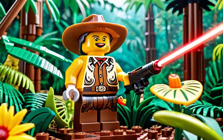**A LEGO minifigure standing proudly wearing a custom-designed cowboy hat, holding a shiny new laser gun, with a lush tropical rainforest background made of LEGO plants and flowers.** (Focus on minifigure customization and a vibrant scene)