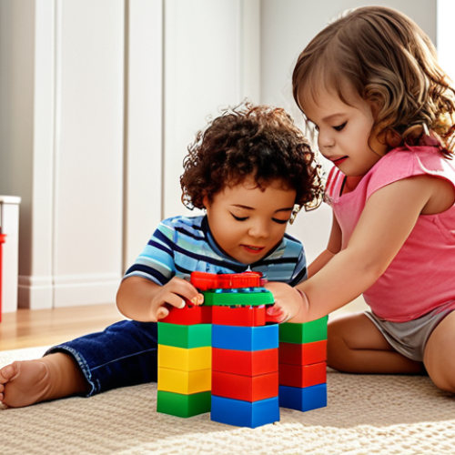 Home 18 **
A vibrant, colorful scene of young children (ages 2-4) happily playing with LEGO Duplo blocks in a bright, sunny playroom. The blocks are large and easy to handle, and the children are building simple structures like towers and houses. The focus is on the fun, safety, and early learning aspects of Duplo for toddlers.
**