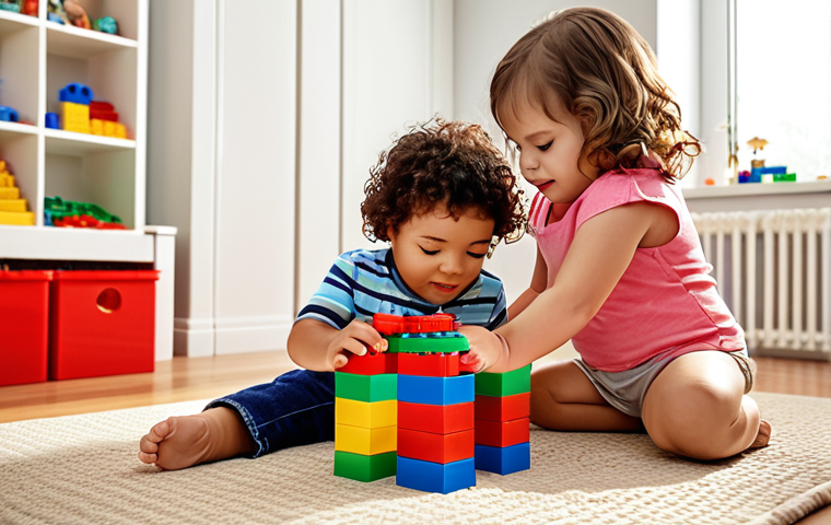 **
A vibrant, colorful scene of young children (ages 2-4) happily playing with LEGO Duplo blocks in a bright, sunny playroom. The blocks are large and easy to handle, and the children are building simple structures like towers and houses. The focus is on the fun, safety, and early learning aspects of Duplo for toddlers.
**